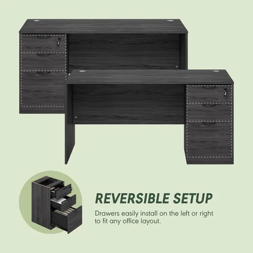 Vista 4 de Furinno Roger 60 Inch Executive Desk with File Cabinet, Home Office Desk with 3-Drawer Fixed Pedestal Filing Cabinet, Desk Cord Grommet, for Home