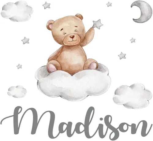 Vista 6 de Calcomanía de pared de oso de peluche con nombre personalizado, luna, estrellas, nubes, acuarela, decoración de habitación de bebé para niños