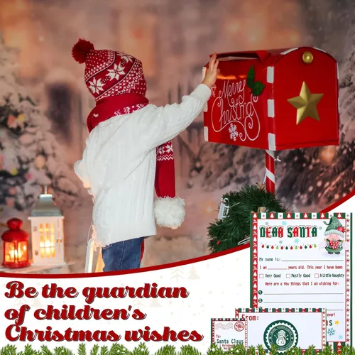 Vista 3 de 75 piezas de kit de escritura de cartas a Papá Noel, lista de deseos navideños, 15 cartas en blanco de Navidad para rellenar con sobres rojos