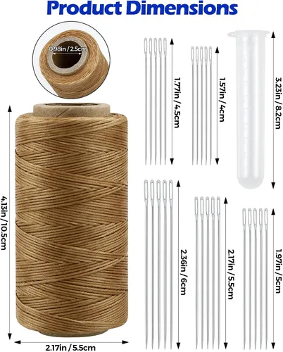 Vista 2 de Hilo encerado de costura para tapicería de cuero: PLANTIONAL 218 yardas 210D juego de cuerdas de cera con 25 agujas de coser grandes a mano, kit