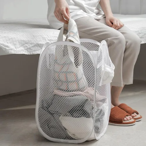 Vista 4 de Cesta de lavandería grande, con asas, cesta ligera plegable, bolsa de lavandería plegable, almacenamiento de ropa duradero, cesta de ropa alta Blanco