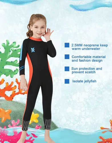 Vista 9 de DIVE & SAIL Traje de neopreno de 0.098 in para niños, manga larga, protección UV, traje de baño térmico