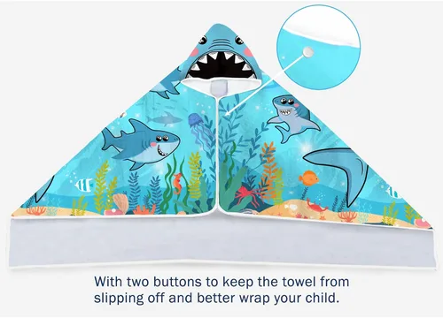 Vista 5 de Bonsai Tree Toalla de playa con capucha de tiburón para niños, toalla de baño con capucha de peces marinos frescos para niños, divertidos animales