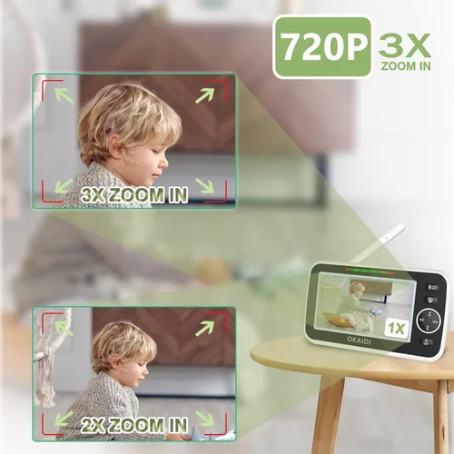 Vista 4 de OKAIDI Monitor de bebé HD de 5 pulgadas con cámara y audio, pantalla de 720P, batería de 5000 mAh, panorámica e inclinación remota, zoom 3X, visión