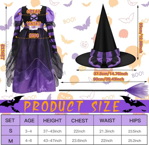 Vista 2 de Juego de 4 piezas de disfraz de Halloween, sombrero de bruja de lujo, escoba, falda tutú, rayas hasta el muslo, medias altas para niños y niñas