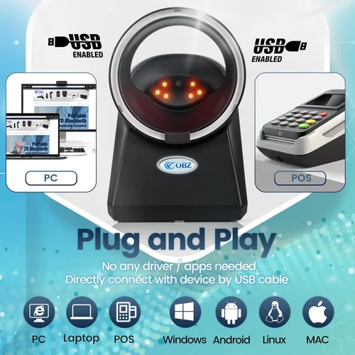 Vista 2 de OBZ Escáner de código de barras QR 2D omnidireccional, lector de plataforma de escritorio USB manos libres para códigos 1D/2D, detección automática
