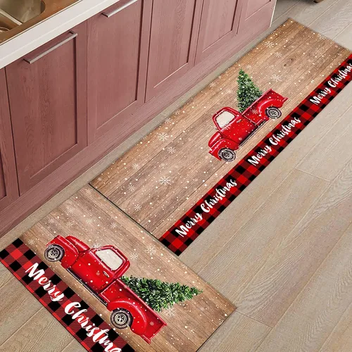 Vista 3 de Tapete de cocina de Feliz Navidad, 2 piezas, acolchado, antifatiga, alfombra de camino de cocina, camión rojo con árbol de Navidad, tapete de madera
