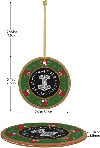 Vista 4 de Vikings Mjolnir y rueda de runa símbolo de mitología nórdica adornos de Navidad, adornos de cerámica, adorno redondo de porcelana, árbol de Navidad
