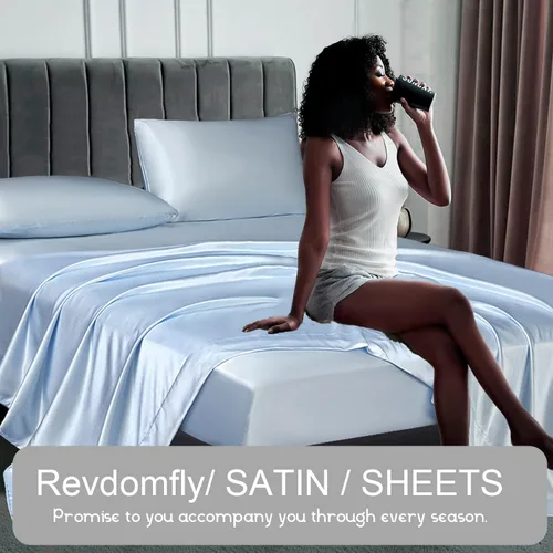 Vista 3 de Revdomfly Juego de 4 Piezas de Sábanas de Satén Azul Bebé de Tamaño Completo, Lujosas y Suaves como Seda, 1 Sábana Bajera Premium que Absorbe