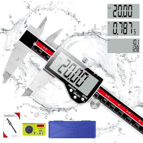 Vista 8 de Herramienta de medición de calibre, Qfun calibre digital de vernier de acero inoxidable de 6 pulgadas/150 mm, micrómetro digital impermeable, fácil
