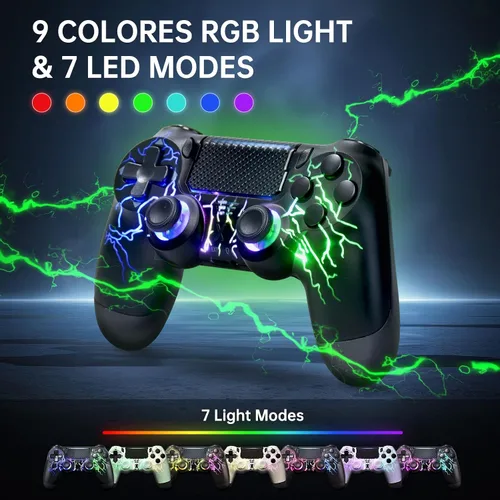 Vista 2 de mone Wireless Controller for PS4/PS4 Pro/PS4 Slim & PC - Black Lightning Pattern RGB Illumination, Hall Effect Joystick, Dual Vibration, 6 - Axis