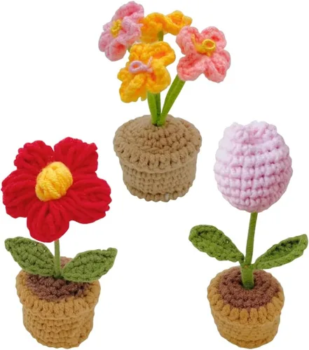 Vista 10 de JOONOR 3 mini plantas de ganchillo en maceta de girasol, flor de ciruelo falsa de punto para baño, hogar, cocina, mesa rústica, centro de mesa