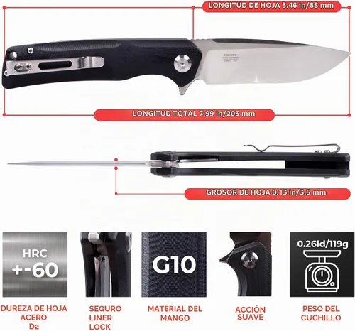 Vista 2 de Firebird GANZO FH91-BK Cuchillo plegable de bolsillo con rodamiento de bolas, hoja de acero D2, mango ergonómico G10 antideslizante con clip Negro