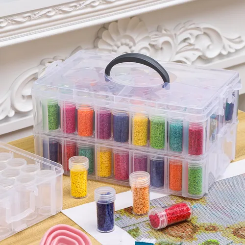 Vista 6 de QUEFE Contenedor de almacenamiento de pintura de diamante de 3 niveles, caja organizadora de cuentas portátil de 150 ranuras, organizadores