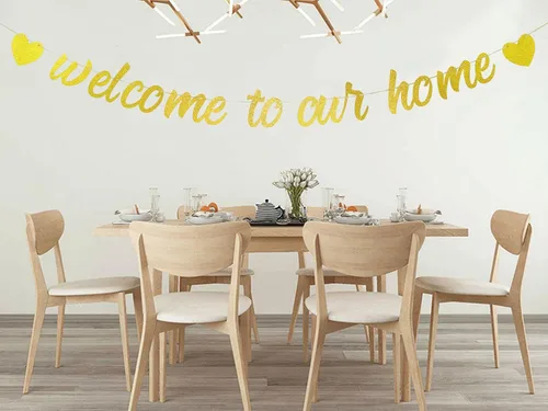 Vista 5 de Starsgarden Cartel dorado con purpurina "Welcome to Our Home" para inauguración de la casa, decoración militar patriótica, suministros para fiestas