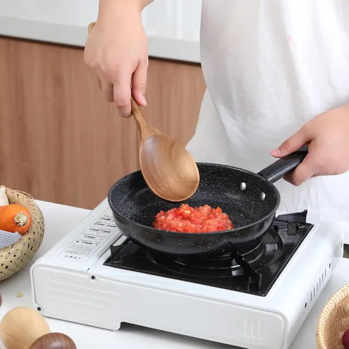 Vista 4 de Cuchara de cocina de madera de acacia, cucharas de servir para mezclar y agitar, utensilios de cocina antiadherentes, cucharón para sopa, guisos
