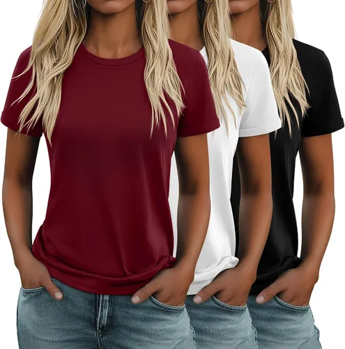 Vista 30 de Huukeay Paquete de 3 camisetas de algodón para mujer, estilo casual, de manga corta, cuello redondo, ajuste holgado, básica, lisa