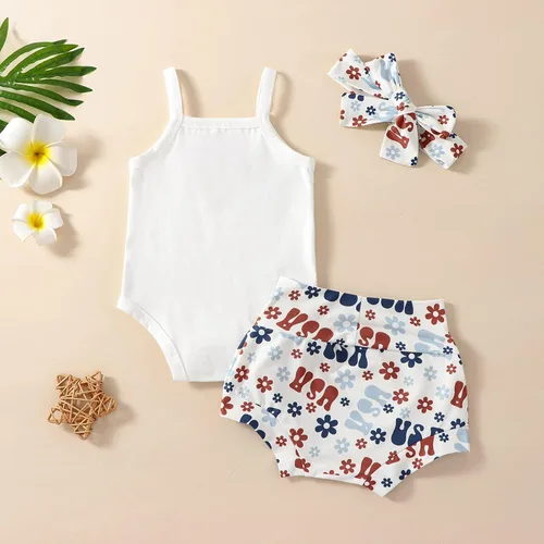 Vista 3 de Conjunto patriótico de 3 piezas para bebé niña del 4 de julio, camiseta sin mangas, camiseta sin mangas, camiseta sin mangas, pantalones cortos