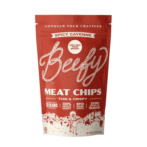 Vista 21 de BEEFY Meat Chips - Mostaza Miel - 2.5oz. 100% Prime Brisket. 13g de proteína por onza.