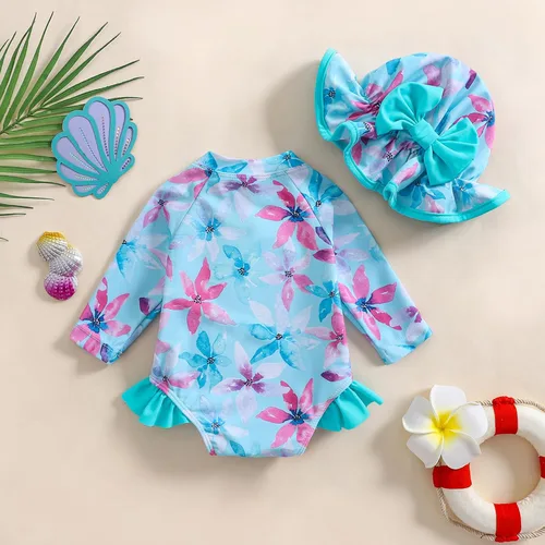 Vista 100 de Traje de baño de una pieza con cremallera de manga larga para bebé niña con gorro