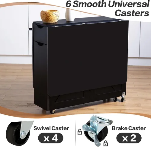 Vista 6 de Mesa de comedor plegable con cajón y estantes de almacenamiento, mesa de comedor plegable de 53" que ahorra espacio con 6 ruedas, mesa de hoja
