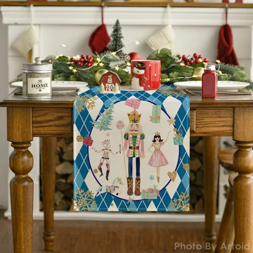Vista 7 de Artoid Mode Camino de mesa de Navidad con diseño de cascanueces y copos de nieve con diamantes azules a cuadros, decoración estacional de invierno