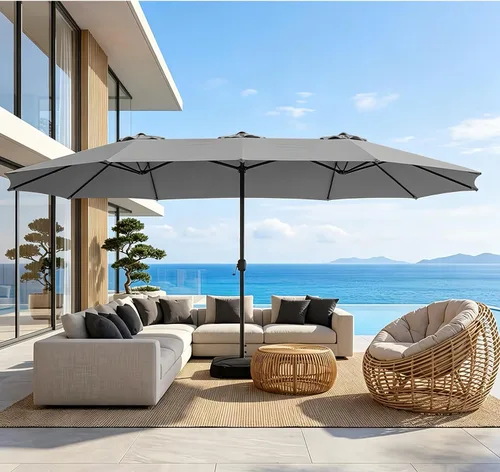 Vista 19 de Sombrilla de doble cara para patio de 15 x 9 pies con base y manivela, sombrilla rectangular extragrande para patio, césped y jardín, beige