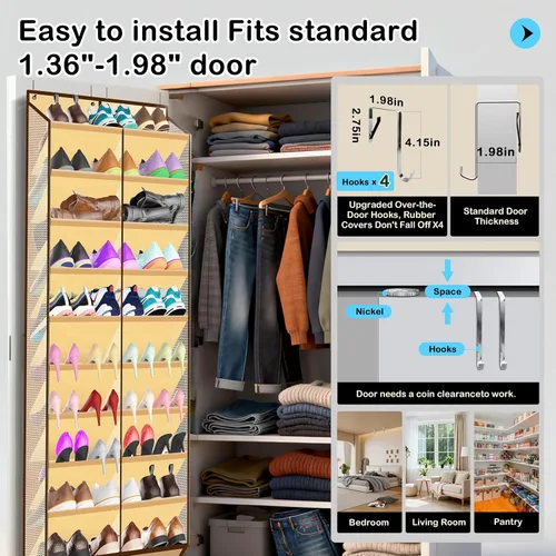 Vista 4 de Kotkn Organizador de zapatos de 10 niveles sobre la puerta, 20 bolsillos con capacidad para 20 a 30 pares, tela Oxford resistente con malla
