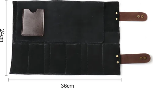 Vista 4 de Bolsa de tijeras de salón enrollable, 12 bolsillos de cuero genuino para estilista, soporte para tijeras de peluquería para peluquería Hj-ZP011-negro