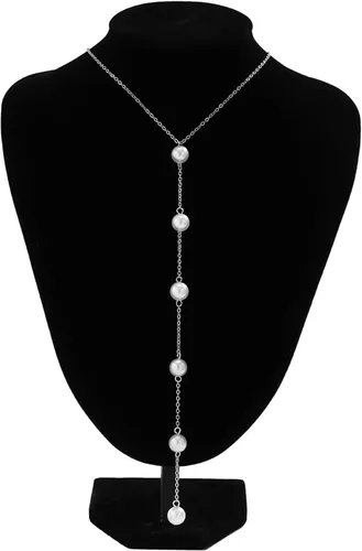 Vista 3 de Collar largo de perlas para mujer, collar clásico de perlas de imitación en Y, collar de cadena de perlas de imitación sexy, collar de perlas