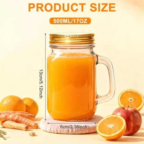 Vista 2 de Vaso de vidrio transparente vacío de 16.2 fl oz/16 oz con asa y tapa de rosca de metal, vasos para beber cerveza, vasos para beber té con leche