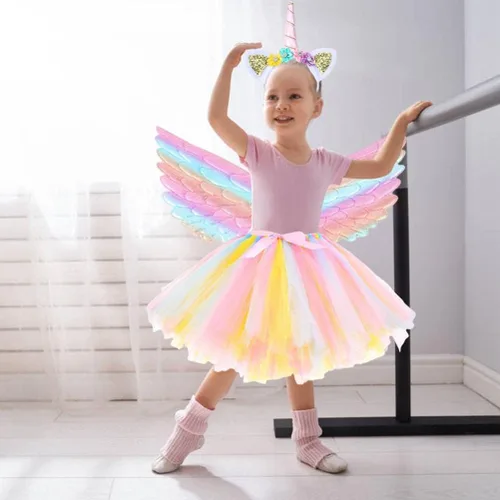 Vista 4 de Enfudid Disfraz de unicornio de princesa para niñas pequeñas, los disfraces de unicornio incluyen falda de malla, diadema de unicornio y ala de ángel