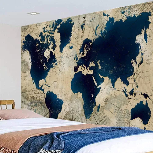 Vista 4 de YANR Tapiz vintage de mapa del mundo para colgar en la pared, póster de arte de pared de mapa del mundo, tapices de estilo nórdico antiguo, mapa