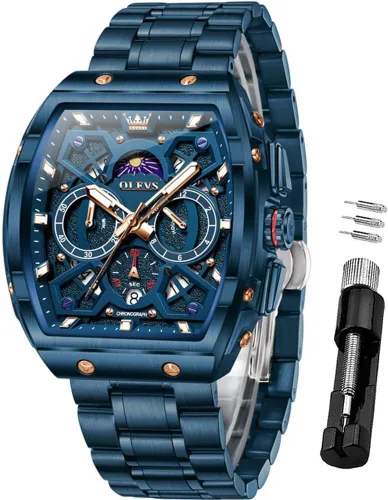 Vista 19 de OLEVS Watch Men Big Square Face Chronograph Stainless Steel Dress Watch Todo negro