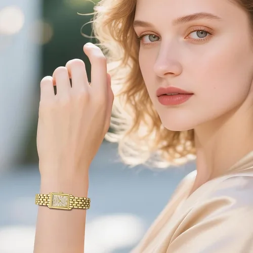 Vista 5 de BOFAN Relojes dorados para mujer con pulsera vintage, caja rectangular, esfera romana, herramienta de ajuste incluida, resistente al agua