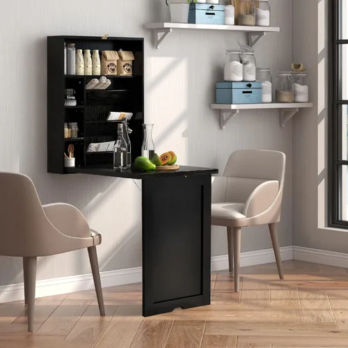 Vista 9 de Escritorio montado en la pared, escritorio flotante plegable de madera, escritorio convertible para computadora con área de almacenamiento, mesa