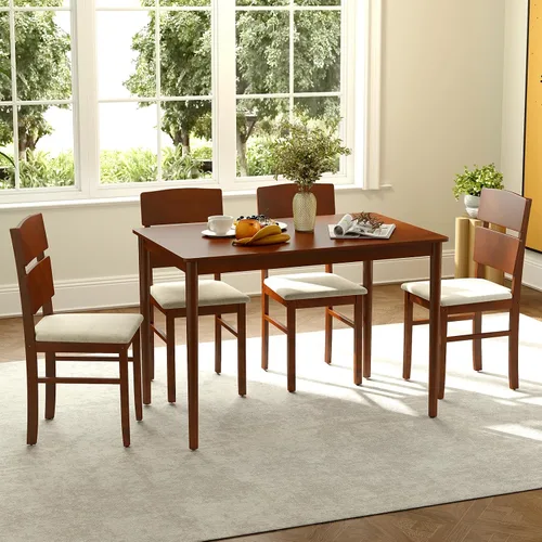 Vista 9 de Giantex Juego de mesa de comedor de 5 piezas para 4, mesa de comedor rectangular de granja con 4 sillas tapizadas, respaldo alto curvo, patas