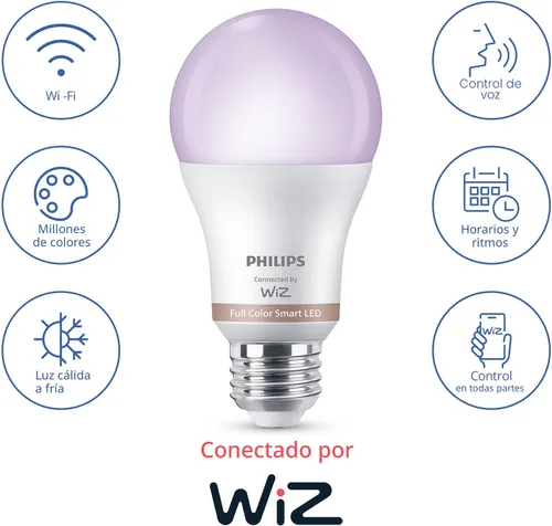Vista 3 de Philips Smart Lighting - Bombillas conectadas, paquete de 2, color A19 60W 800LM E26 luces LED para interiores, bombillas inteligentes con detección