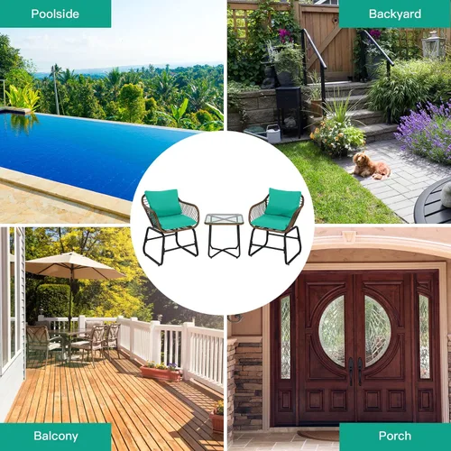 Vista 5 de COSTWAY Juego de 3 piezas de ratán para patio, silla acolchada, cubierta de mesa de cristal, turquesa