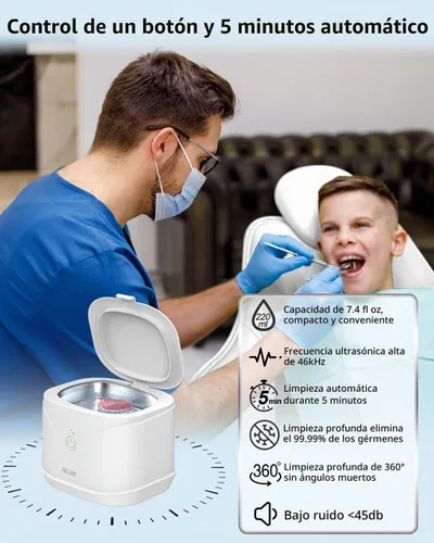 Vista 4 de BCOM Máquina limpiadora ultrasónica de retenedor, cápsula de limpieza dental de 46 Khz para frenos, protector nocturno, protector bucal, cepillo