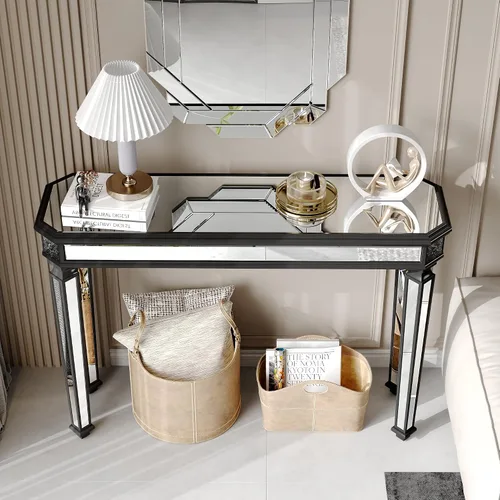 Vista 6 de Mesa Consola Negra con Espejo, Mesa de Sofá de Cristal Rectangular de 48 pulgadas con Elementos Tallados Vintage con Espejo, Muebles de Espejo