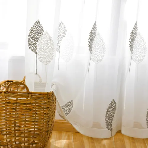 Vista 3 de Cortinas traslúcidas blancas de 63 pulgadas de largo, paneles de gasa bordada con hojas para cocina, sala de estar, dormitorio, ventanas pequeñas