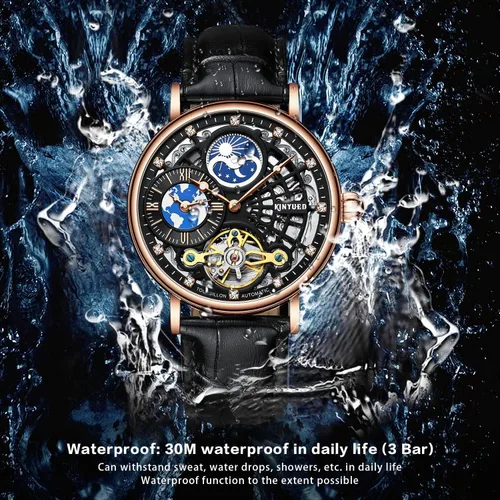 Vista 5 de IK COLOURING Tourbillon - Reloj de pulsera mecánico automático de esqueleto de lujo para hombre, con frase lunar, manecillas luminosas, reloj