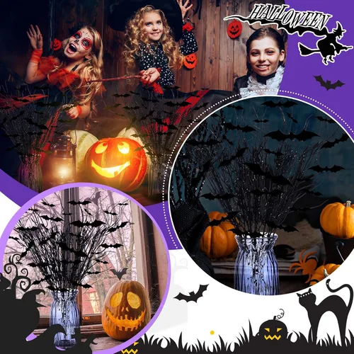 Vista 8 de Zeyune - 20 púas florales negras con purpurina de Halloween con murciélagos