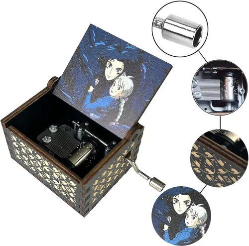 Vista 4 de Pursuestar HowlMoving Castle-Merry Go Round of Life - Caja de música de madera con manivela manual, grabada vintage, regalo musical para fanáticos