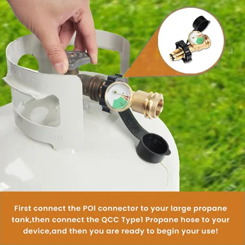 Vista 6 de Adaptador de tanque de propano de ajuste universal de 100 libras que convierte POL a QCC1 / Tipo 1 con adaptador de manguera de propano de calibre