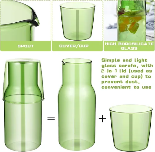 Vista 3 de Juego de 1 jarra de agua para mesita de noche, jarra de noche con vaso de cristal, color verde