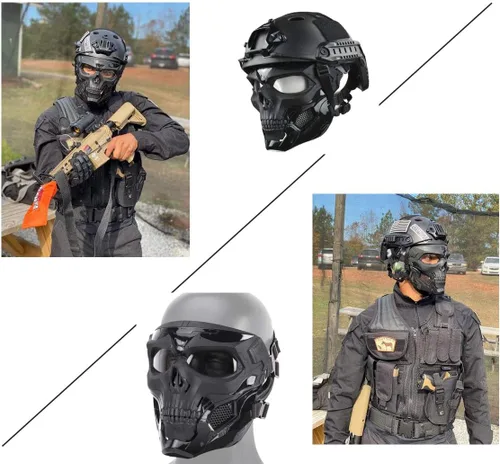 Vista 2 de Máscara táctica Máscara protectora de cara completa con gorro transparente Máscara de calavera Diseño de uso de doble modo Correa ajustable