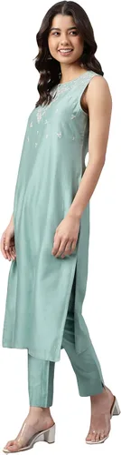 Vista 5 de Janasya Kurta de seda de color verde marino para mujer india con pantalón