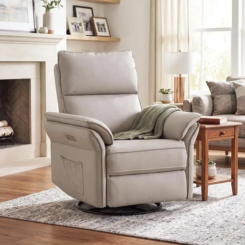 Vista 10 de Sillón reclinable giratorio de gran tamaño con reposacabezas ajustable, mecedora para guardería con reposabrazos sobrerelleno, silla reclinable Beige